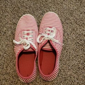 Pink and white striped canvas shoes